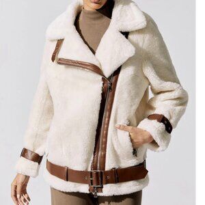 Stand Studio Colleen Sherpa Moto Jacket Off White/Brown, 36, Worn Once